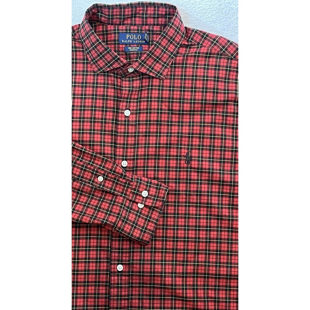 Polo Ralph Lauren Cotton Stretch Oxford XL Red Tartan Plaid Cutaway Collar Pony